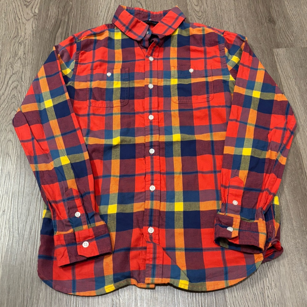 Janie and Jack Flannel Shirt Button Down Plaid Fall Boy’s 12‎ Red/Orange/Blue - Picture 2 of 3